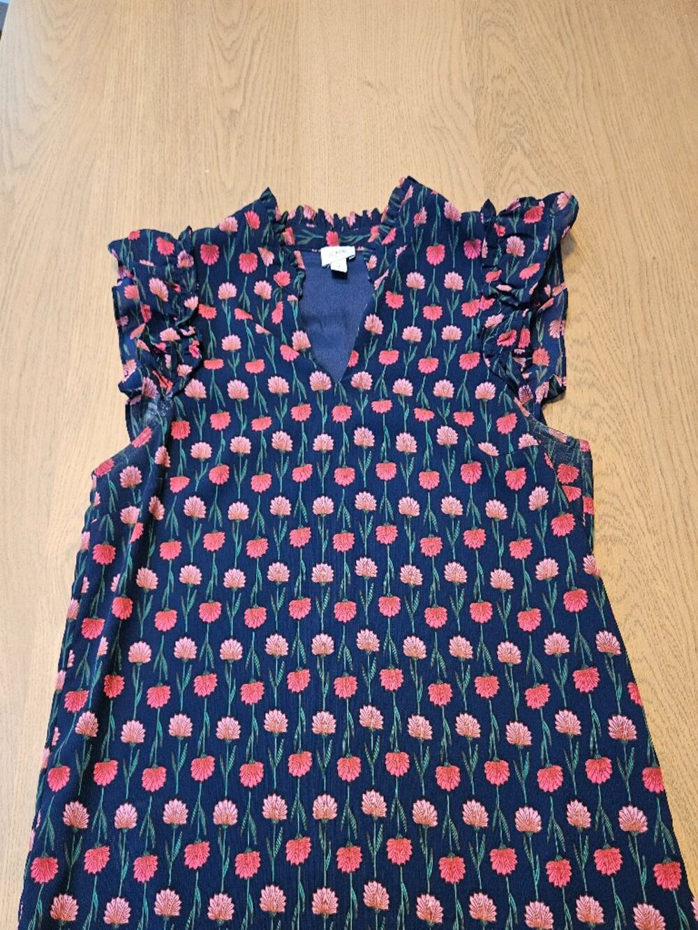 J.Crew Navy Pink Floral Ruffle Split Neck Blouse Lined Flutter Sleeve Women’s M